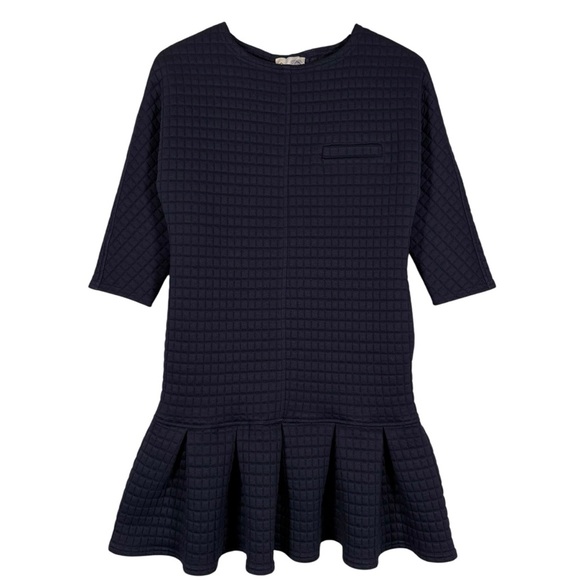 SEA New York Size 4 Navy Blue Quilted Pleated Drop Waist 3/4 Sleeve Mini Dress - Picture 1 of 6